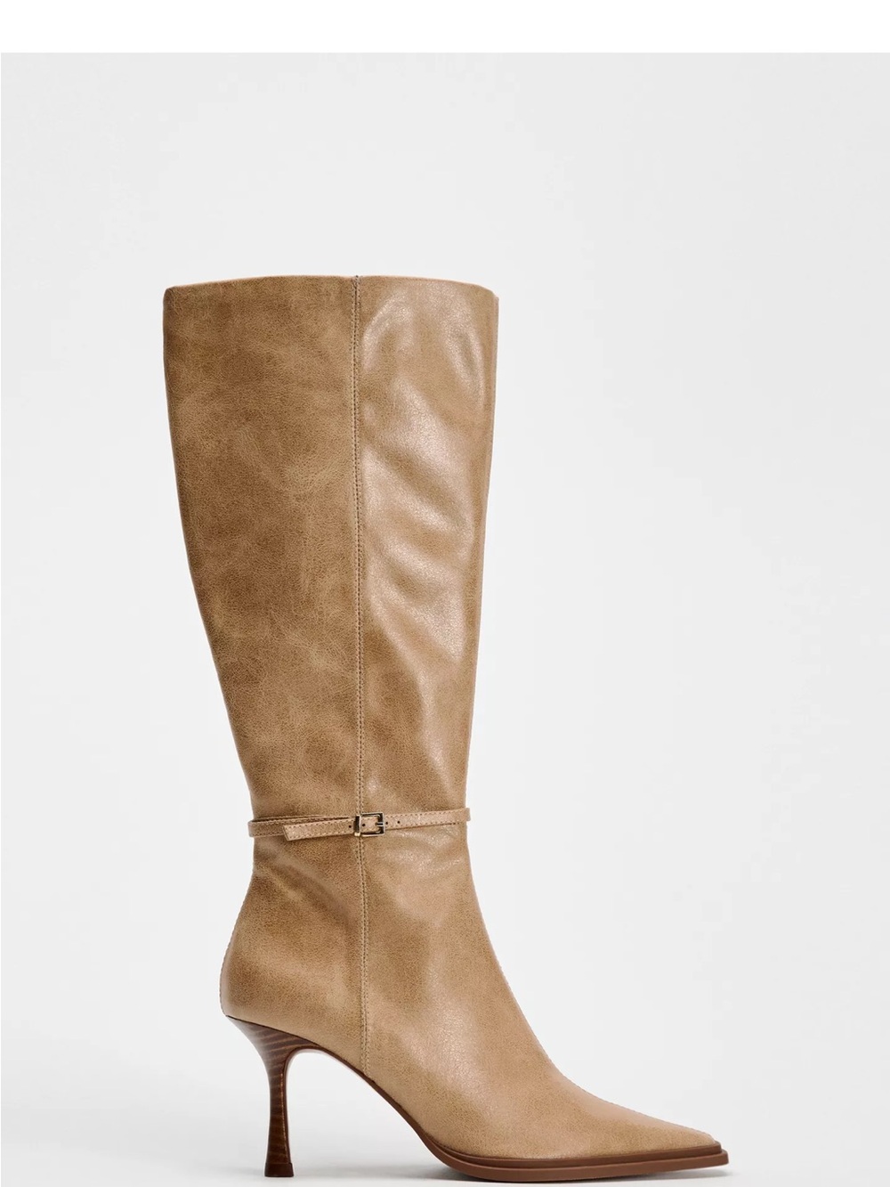 Zara Knee-High Tan Leather Pointed Toe Boots with Slim Heel